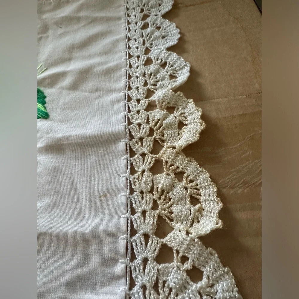 Embroidered Bird & Floral Lace Doily ⚠️ Stains 24 x 21 Large Piece